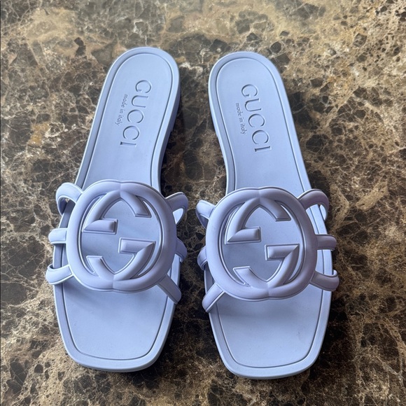 Gucci Shoes - Gucci pvc rubber sandals logo flats slides lavender purple sz 40